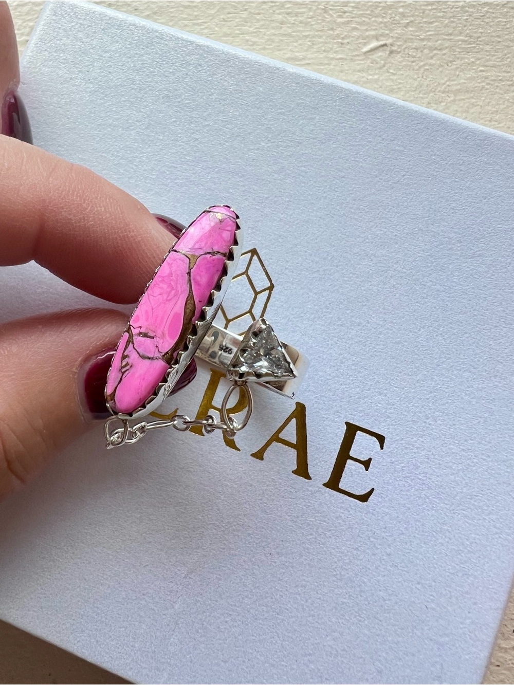 Cotton Candy & CZ Crystal Sterling Silver Floater Ring - Brand New